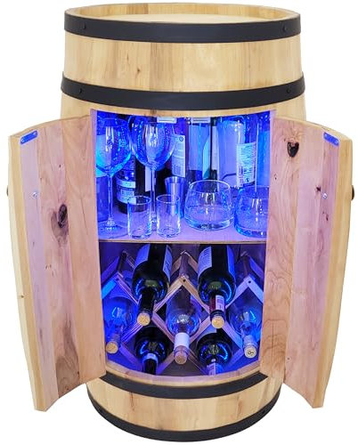 Rustikale Fassbar mit Tür Weinhalter und RGB LED Beleuchtung Home Bar Weinständer mit Draft Bier Whisky Flaschenständer 80cm Holzfassschrank für Wein und Dekor