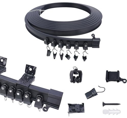 FOGAWA 5m Vorhangschiene wandmontage mit 40Vorhangklammern, Wandvorhangschiene, Flexible Gardinenschiene, Wandschiene für Duschvorhangstange/Raumteiler, Vorhangschienensystem mit Wandhalterung Schwarz