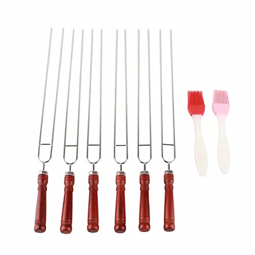 Kebab Skewers Double Prong,6Pcs BBQ Skewers Kabob Skewers,Stainless Steel Barbecue Forks,Reusable Shish Kabob with 2Pcs Silicone BBQ Brush,Roasting Sticks for Outdoor BBQ