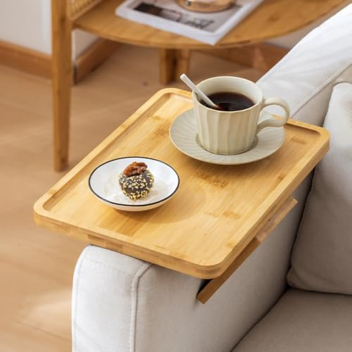 ZF YLYH Sofa Tablett Couch Ablage für Armlehne: Verstellbarer Sofatablett aus Bambus Sofa Organizer Armlehnentisch für Bett Couch Halterung für Fernbedienung Snacks Getränke (Naturfarbe)