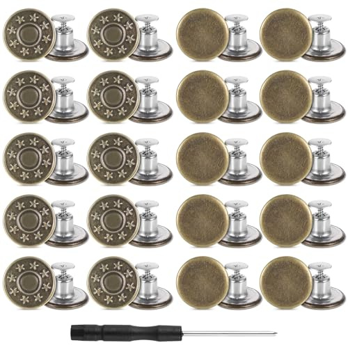Yuanchu 20 Stück Jeans Knöpfe, Hosen Ersatz Knöpfe Zum Schrauben 17 mm Messing Jeansknöpfe Nähfreiknopf Bronze-Farben Schraubbare Ersatzknopf Verstellbare Metallknöpfe Hosenknöpfe Mit Schraubendreher