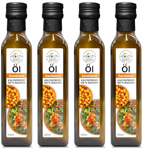 Health Seed® 4 x 500 ml / 2 litres – Huile d'argousier non filtrée – Bouteille en verre 100 % pure pressée à froid – Fraîcheur du fabricant