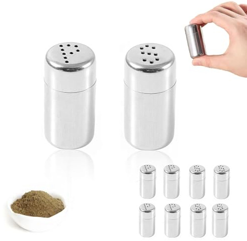 10 Stück Mini Salzstreuer, 5ml Edelstahl Salz und Pfefferstreuer Mit Deckel für Unterwegs, Gewürze Camping, Brotdose Gewürzstreuer