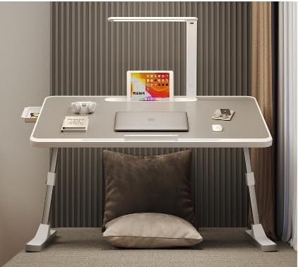 WODFARR Table de Lit pour Ordinateur Portable avec Lampe LED, Angle Réglable en Hauteur, Table de lit Pliable avec Tiroir, Butoir pour Lap, Fente pour Tablette (Gris, 60x40x40 cm, Lampe de Table)