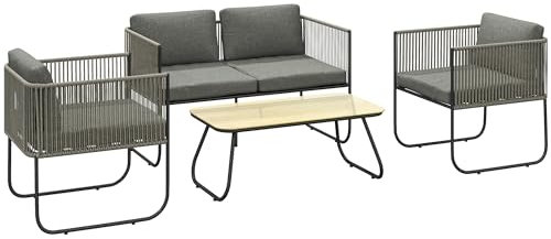 Outsunny Gartenmöbel Set aus Polyrattan Lounge-Set mit Sofa Sessel Tisch Kissen wetterfest Sitzgruppe für 4 Personen Balkonmöbel Set Gartenlounge Terrassenmöbel für Garten Balkon Braun+Dunkelgrau