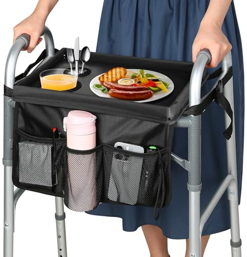 HOOMTREE Walker Tray for Folding Walker, Trays for Walkers for Seniors Detachable with Cup Holder,Walker Trays for Rolling Folding Walker,Walker Accessories for Elderly (Black with Baffles)