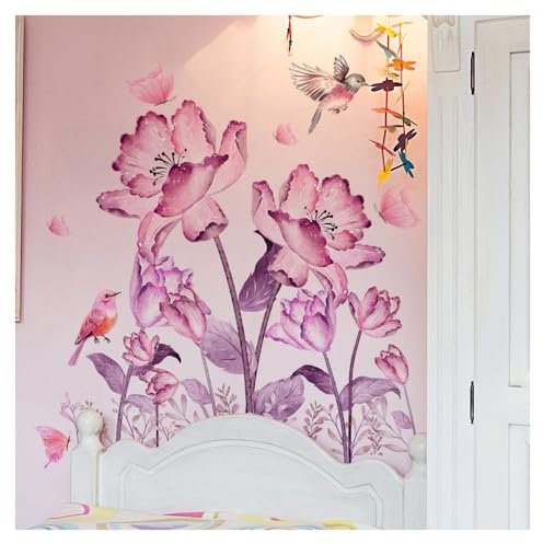Codulu Wandaufkleber mit großen rosa Blumen, Blumen-Strauch, Vögel, Wandaufkleber für Wohnzimmer, Schlafzimmer, Küche, Sofa, TV-Hintergrund, Wanddekoration, A