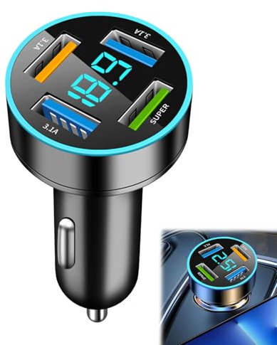 Huybaa Chargeur Voiture USB, 4 Ports 66W Allume Cigare USB avec LED Voltmètre, Prise Charge Rapide pour iPhone, Samsung, Xiaomi et Autres Smartphones