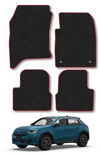 Fiat 600 [Hybrid] (2024+) Rubber Car Mats Compatible with Accessories Tailored Fit Heavy-Duty Floor Mats Set Accessory Waterproof Durable Custom Fit 4 Pieces Water Resistant Easy-Clean With Clips