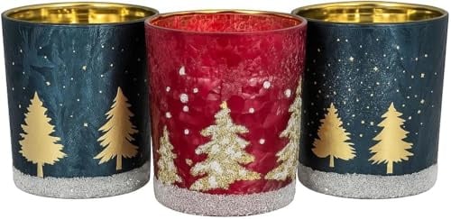 khevga Windlicht Weihnachten Winter aus Glas im Set Schwarz Weiß Gold Silber (Blau_Rot_Tanne, 6er)
