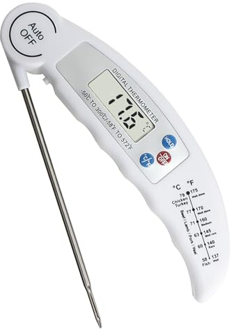 Termometri da Cucina, Termometri per Barbecue a Lettura Istantanea, con Controluce Display LCD, con Sonda Lunga Pieghevole e Schermo LCD, per Carne Latte Barbecue Liquidi, Bianco