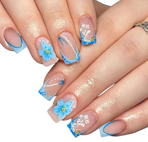 Rainway 24 Ongles à Coller, Ongles Courts Carrés Bleus à Fleurs avec Motif Floral Doré en Strass, Ongles Artificiels, Faux Ongle Réutilisables pour Femmes