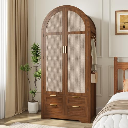 Aislinglen - Armario de ropa con 4 cajones, armario ropero con puertas, armario estilo boho, trenzado de arco, armario curvo para dormitorio, salón, vestíbulo