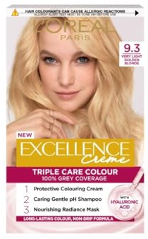 L'Oréal Paris Excellence Crème Permanent Hair Dye, Radiant At-Home Hair Colour with up to 100% Grey Coverage, Pro-Keratin, Up to 8 Weeks of Colour, Colour: 9.3 Natural Light Gold Blonde
