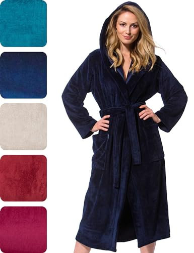 Morgenstern Bademantel Damen lang mit Kapuze in Nachtblau Geena Hausmantel Saunamantel wadenlang einfarbig Frauen M Duschmantel long