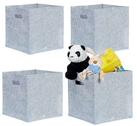 4er Set quadratische Filzkörbe, faltbar, mit 2 Trageöffnungen, schicke Regalkörbe, H x B x T: 30 x 30 x 30 cm, grau