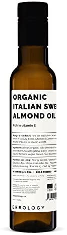 Erbology Organic Sweet Almond Oil 250ml - Cold-Pressed - Rich in Skin-Nourishing Vitamin E - Straight from Farm in Italy - Non-GMO - No Additives or Preservatives - Recyclable Glass Bottle