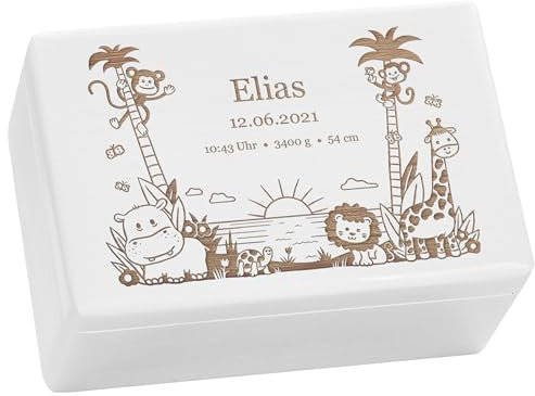 LAUBLUST Erinnerungsbox Baby Personalisiert - Dschungel - Geschenk zur Geburt | M - ca. 30x20x14cm, Holzkiste Weiß FSC®