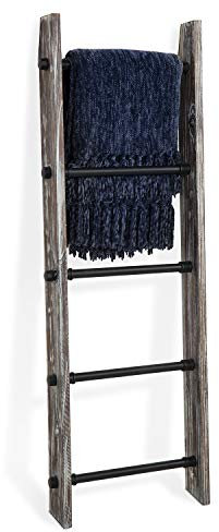 MyGift 4 Ft Torched Wood Farmhouse Blanket Ladder with 5 Matte Black Industrial Pipe Rungs, Wall Leaning Bathroom Towel Ladder Rack