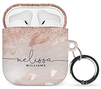 Tirita Personalised Case/Cover compatible with Apple AirPods 1 & 2 Earpods [01 - Marble Rose Gold Veins Handwritten]