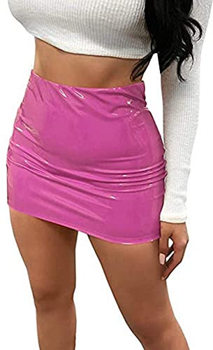 Achlibe Jupe crayon moulante en cuir PU effet mouillé pour femme - Mini jupe sexy taille haute - Jupe droite pour club, rose, 44
