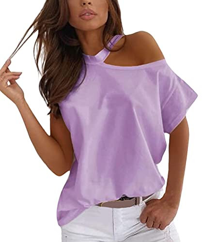 ORANDESIGNE Camiseta con Estampado de Corazones para Mujer Manga Corta sin Hombro Blusas Camisa Suelto Verano Sexy T-Shirt Tops H Lila Claro L
