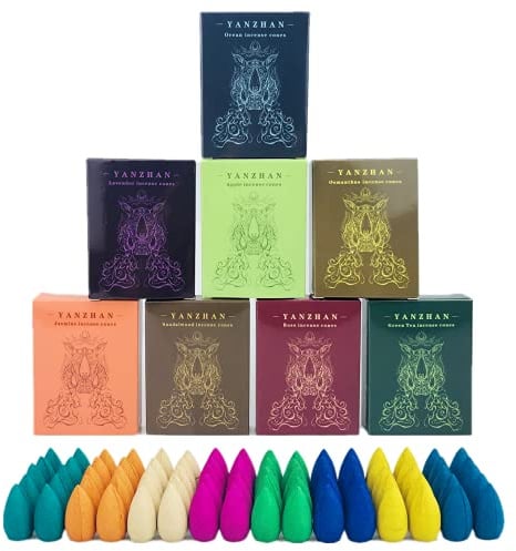 80 Pcs Backflow Incense Cones 8 Mixed Natural Scents Sandalwood Rose Green Tea Lavender Osmanthus Jasmine Ocean Apple (Incense Cones)