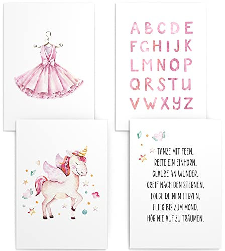 Papierschmiede® Kinderposter 4er Set, DIN A4 (21x30 cm) Wanddeko, Geschenk für Mädchen Kinderzimmer Babyzimmer, Einhorn ABC rosa Kleid, Aquarell Unicorn