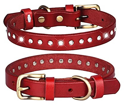 FUNAT Leder Hundehalsband Vintage mit Oberschicht aus Rindsleder, Strass Verziertes Lederhalsband
