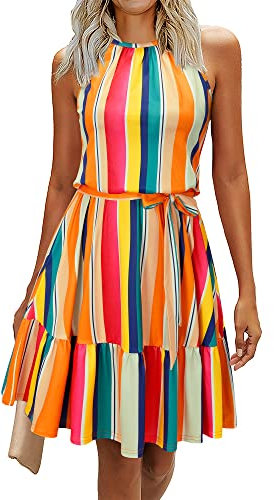 Newshows Sommerkleid Damen Knielang Elegant Kleid Neckholder Sommer Ärmellos Freizeitkleider mit Taschen(Floral-1, Klein)