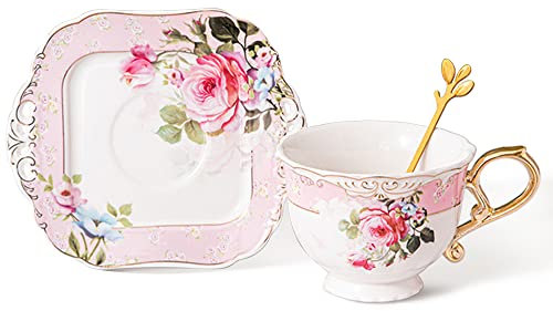 fanquare Blume Teetasse und Untertasse Set, Rosa Tee Kaffeetasse mit Goldgriff, 200ml Geschenk Porzellan Kaffeetasse