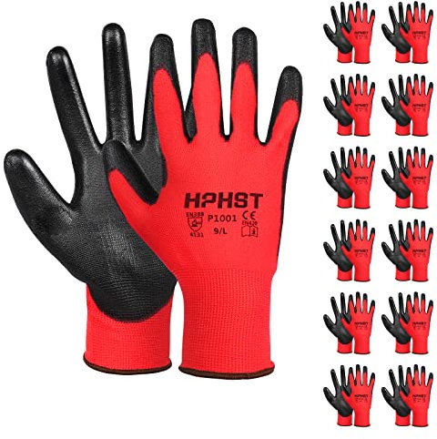 HPHST PU Besichtet Arbeitshandschuhe, 12 Paar Arbeit Handschuhe für Herren und Damen Rutschfeste Montagehandschuhe Gartenhandschuhe mit PU-Beschichtung für Bauarbeiter Mechaniker, Rot (L)
