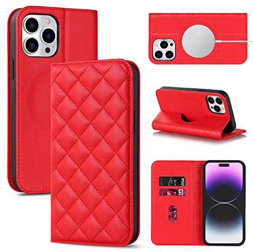 SINQERISHT Custodia a portafoglio per Apple iPhone 14, in pelle PU, compatibile con MagSafe, con funzione leggio e chiusura magnetica, antiurto (rosso)