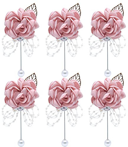 6 Stück Boutonniere Hochzeit,Rose Boutonniere,Künstliche Handgefertigte Satin Rose Blumen Boutonniere Ansteckblume bräutigam Trauzeugen Hochzeitsanstecker mit Pin für Hochzeit Abschlussball Party,Rosa