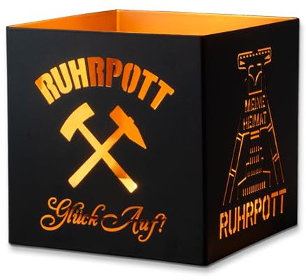 Windlicht Kerzenhalter Ruhrpott | Kerzenständer-schwarz aus Metall | Wohnzimmer-Terrassen-Balkon-Deko | Ruhrpott-Geschenke für Teelichter und Kerzen auch als Herbst Laterne für draußen geeignet.