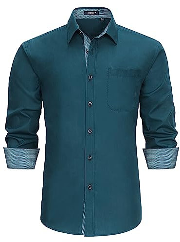 HISDERN Mens Shirts Teal Long Sleeve Shirt for Men Formal Button Shirts Causal Regular Fit Dress Shirt M