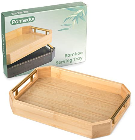 PARMEDU Serviertablett aus Natürlich Verdicktem Bambus mit Ergonomischen und Ästhetischen Metallgriffen, Perfekt zum Servieren von Speisen, Frühstück im Bett, Tee, Kaffee, Naturfarbe
