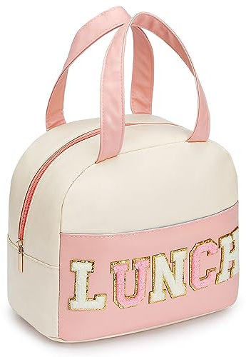 DIRGEE Lunch Bag for Women Insulated For Men PU leather Small Office Work lunch with Chenille Letters Leakproof Freezable Cooler Reusable Portable Box (White&Pink)