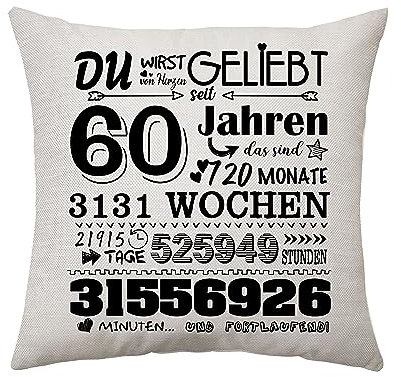 Geburtstagsgeschenk für Frauen Männer Zierkissenbezüge Geschenk für Sie 6-50 Jahre Geschenke für Mama Tante Papa Oma Opa Schwester Freund Geburtstagsgeschenke Ideen Kissenbezug 45 x 45 cm (60th)