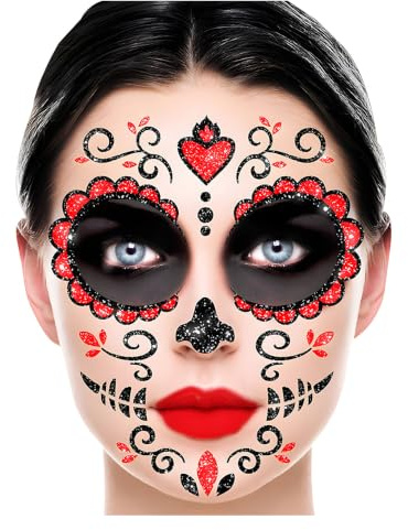 Horror-Shop Schwarz-roter Catrina Glitter Gesichts-Aufkleber für Tag der Toten & Halloween