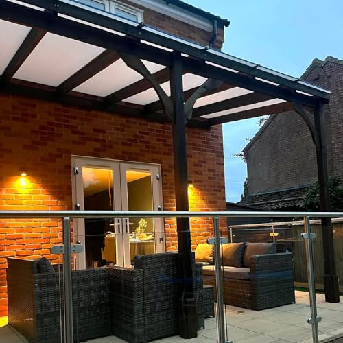 Rutland County Garden Furniture Wooden Pergola Canopy Outdoor Rain Shelter Polycarbonate Roof Pergola Gazebo Carport - 3 Post - Rustic Brown Timber (3m x 5.06m, Opal Sheets/Brown Bars)