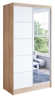 Easy4You N3 100 cm Sonoma/White Sliding Doors Wardrobe 100 x 200 x 58 cm with Mirror - Bedroom Furniture, Storage - Multi-Purpose Cabinet