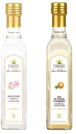 Lot produits libanais - Eau Florale Alimentaire pour Pâtisseries et Cocktails : Eau de Fleurs d'Oranger + Eau de Rose - 2x25cl - Liban
