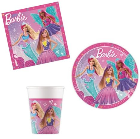 Kit Party Tavola realizzato per Barbie Fantasy per 16 persone (52 pezzi: 16 piatti Ø23cm, 16 bicchieri ml 200, 20 tovaglioli)
