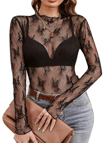 HSAJS Top para Mujer de Encaje Blusa de Verano Cuello Alto Sexy Transparente Elegante Ajustada Camiseta de Malla Manga Larga Y2K Ropa de Club Fiesta
