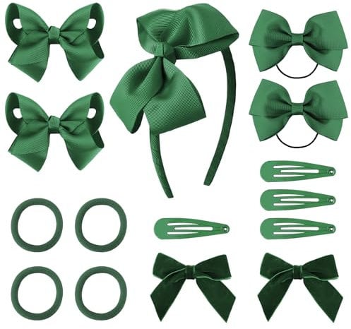 DRESHOW Girls School Hair Accessories Kit Green Bow Hair Clips Headband Ribbon Bow Hair Barrettes Ponytail Holder for Little Girl Toddlers Teens Birthday Present