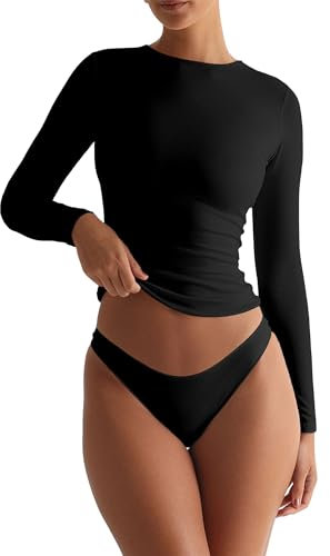 Womens Fitted Long Sleeve Tops Double Lined Crew Neck Basic T-Shirt Y2K Going Out Tops (Black, S)