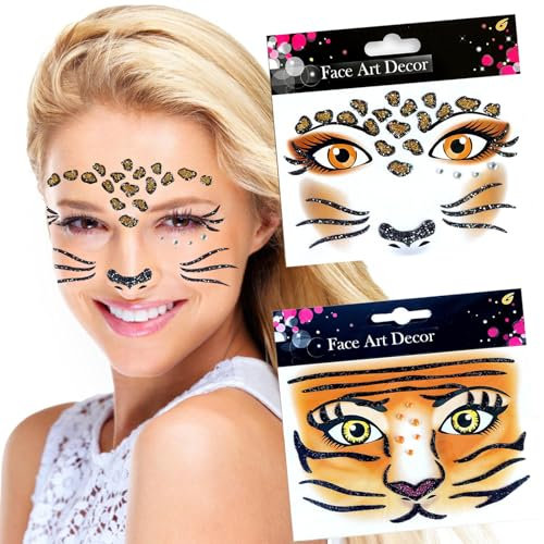 Gesichtstattoo Karneval,2 Stücke Face Art Sticker,Ablösbare Gesicht Aufkleber, Temporäres Glitter Gesichtstattoo Schmucksteine Festival Face Sticker für Karneval Schminke, Karneval,Make-up (Tiger)