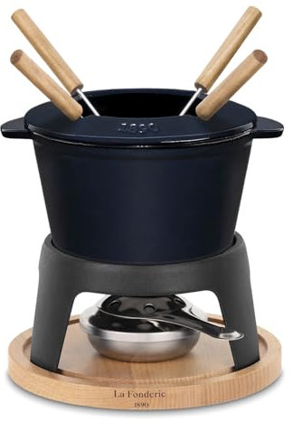 La Fonderie 1890 Cast Iron Fondue Set for 4 People MONT D'ARBOIS, for Cheese and Chocolate Fondues, Splash-Proof Lid, 4 Forks with Beech Wood Handles, Capacity 1.2L