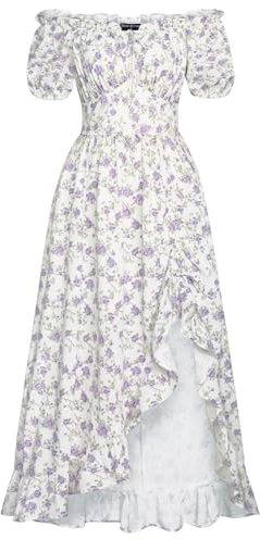 SCARLET DARKNESS Mittelalter Blumenkleid Damen mit Kordelzug Sommer Cottagecore Corsagenkleid Lila Druck auf Weiß XXL